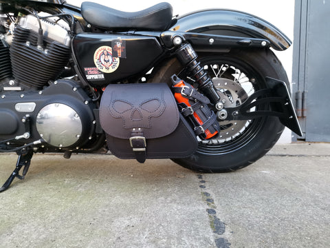 Dyna Skull Orange swing bag with bottle cage fits Harley-Davidson Street Bob