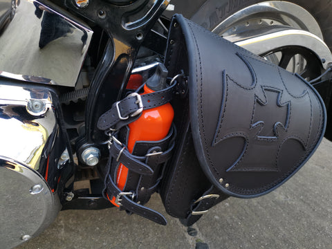 Diablo Maltese Black swing bag with bottle cage fits Harley-Davidson Softail