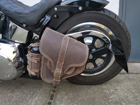 Hades Brown Swing Bag With Bottle Holder Fits Harley-Davidson Softail