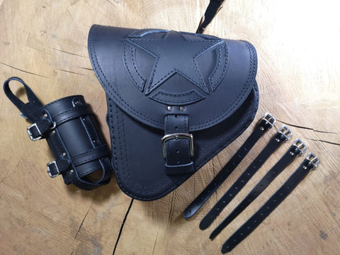 Fortuna Schwarz Schwingentasche mit Flaschenhalter passend für Harley-Davidson Softail